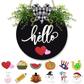 Interchangeable Welcome Sign for Front Door Wooden Seasonal Welcome Sign Rustic Round Hello Sign Front Door Decor Farmhouse 12 Inches with 12pcs Decorations for Back to School Fall Season Gifts(Black)