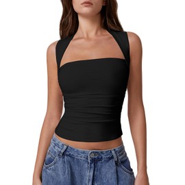 QINSEN Tank Tops for Women Square Neck Side Ruched Double Lined Slim-Fitting Going Out Crop Y2k Shirts Black S