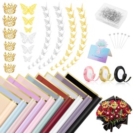 Flower Wrapping Paper Kit, Include 100 Sheet Flower Bouquet Wrapping Paper, 3 Rolls Ribbon for Flower Bouquet, 20 Pcs Greeting cards,200 Pcs Flower Pins, 72 Pcs 3D Butterflies and 6 Pcs Crowns