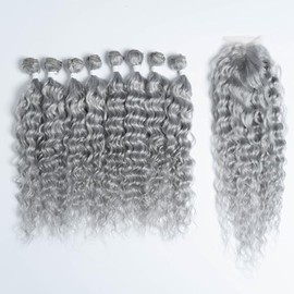 DÉBUT Synthetic Water Wave Hair 8 Bundles with Lace Part Closure, Wavy Synthetic Fiber Hair Weaving with Middle Part Hand-tied Lace Front Closure for Women (Grey, 9 PCS, 20 Inches)