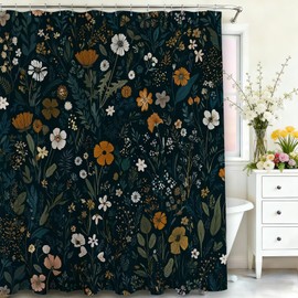 Mocsicka Black Floral Shower Curtain Wildflower Moody Shower Curtain for Bathroom Vintage Botanical Bathroom Decor Waterproof Machine Washable Bathtub Curtain, Set with 12 Hooks (Black, 71x71inch)