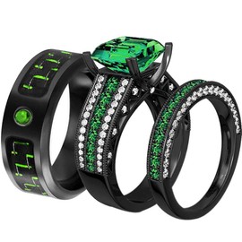 ringheart 2 Rings His and Hers Couple Rings Black Gold Filled Womens Wedding Ring Sets Princess cut Green Cz Titanium Steel Mens Ring