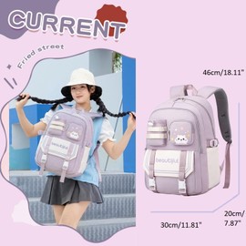 Cat Print Kids Backpack for Girls Bookbag for Elementary School Water Resistant School Bag Purple