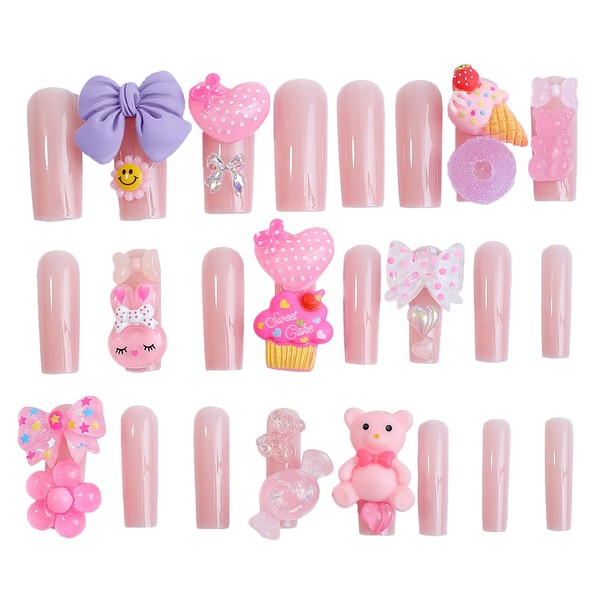 24PCS Charming Nude Pink Long Fake Nails With Cute Heart
