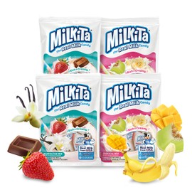 Milkita Creamy Shake Candy Pack of 4, Gluten Free Chewy Candies with Calcium & Real Milk, Zero Trans Fat, Low-Sugar, Assorted Neapolitan Flavors (Vanilla, Strawberry, Chocolate) & Tropical Flavors (Banana, Honeydew, Mango), 120 Pcs