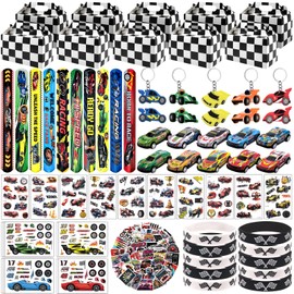 Joyvorite 120 Pcs Race Car Party Favors Set with Keychains Slap Bracelets Tattoo Stickers Wristbands Treat Boxes Treat Bags Stuffers Race Car Party Supplies Race Car Party Decorations