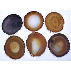 JIC Gem Silver Plated Natural Agate Coasters, 6 pcs set, 3-4", with Rubber Bumper