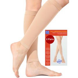 Kuzimua 2 Pairs Calf Medical Compression Stockings Women & Men 20-30 mmHg, Class 2, Calf Support Graduated Support Stockings for Varicose Veins Edema Flight Sports, 2 x beige