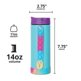 Elemental Iconic Kids Water Bottle with Straw Lid & Stress Reliever Pop It Handle, Leak-Proof When Closed, Triple Insulated Stainless Steel Reusable Thermos Water Bottle, 14oz - Blue Tie Dye