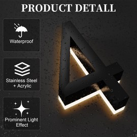 MIDIT 6 Inch Backlit LED House Numbers, Waterproof Stainless Steel, High Transparency Acrylic, LED Illuminated Home Address Number, Lighted House Numbers, Modern Address Numbers, 6 Inch Number 4