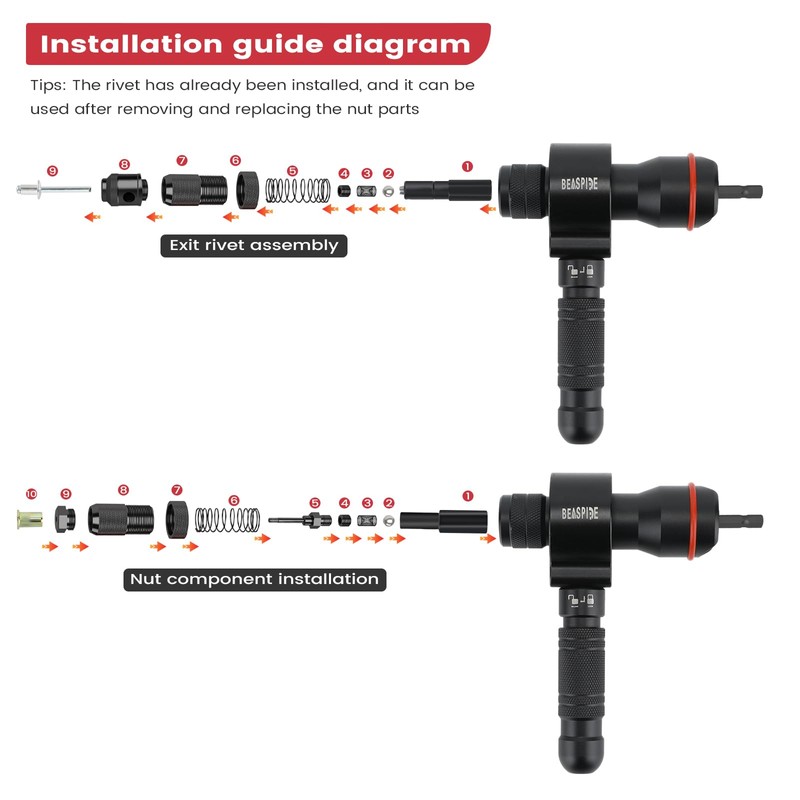 Beaspire Cordless Drill Electric Rivet Gun Adapter, 2-in-1 Rivet Nut