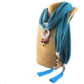 GOGNGTR Women's Scarf Necklace Alloy Pendant Cotton and Linen Accessory Bohemia Tassel Scarves(sc007), Dk Green, free size