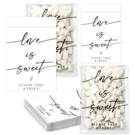 Whaline 100Pcs Clear Wedding Cookie Bag Love Is Sweet White Kraft Paper Treat Bags Self Adhesive Candy Goodie Bags for Party Favors Supplies