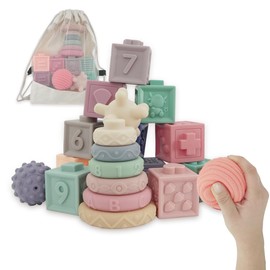 Mordederas para Bebe 21 pzas - Bloques de Silicona para Bebe Textura Suave para Apilar - Juguete Educativo de Silicon con Numeros y Formas GAON       