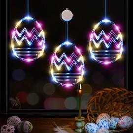 LOLStar Easter Window String Lights, Hanging Decorations, 3 Pack, Eggs Shaped, Multicolor with Suction Cup, Battery Operated for Indoor Home Farmhouse Decor