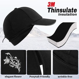 POL PARKMAN Women's Winter Ponytail Hat with Reflective Fleece, Trucker Hat with Adjustable Headband, Flip Down Ear Warmer Black