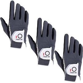 FINGER TEN Men’s Golf Gloves Worn on Right Hand for Left Handed Golfer Value 3 Pack, Rain Grip Hot Wet Weather Comfort Fit ML Rh Grey Color (ML,Grey,Right)