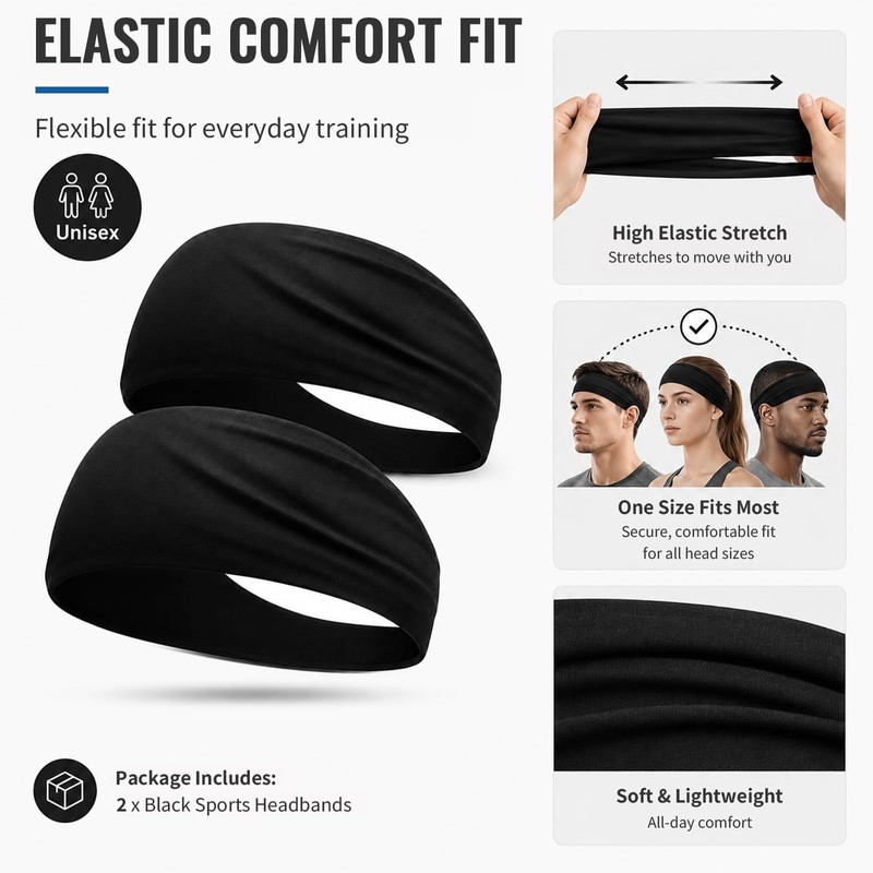 2 Pack Running Headbands Men,Wide Head Sweatband Sweat Bands(Black)