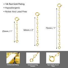 Gold Necklace Extenders,14K Gold Chain Extenders with Round Clasp, Durable Plated Solid Brass Necklace Bracelet Anklet Extension Chains(1 2 3 Inch,Gold Heart)