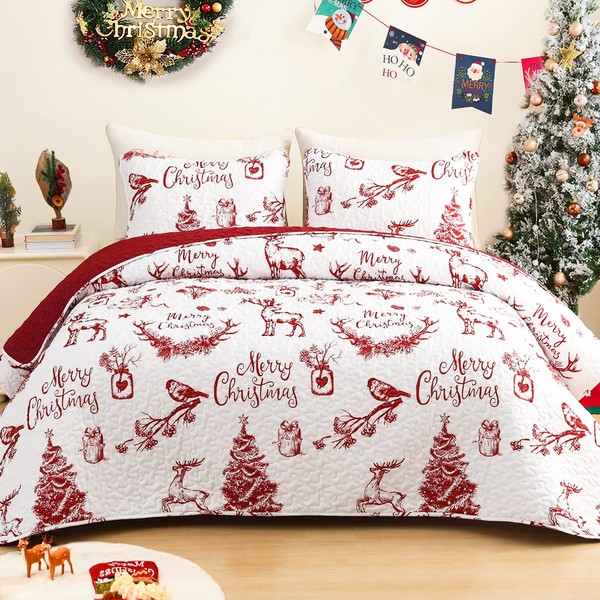 Exclusivo Mezcla Christmas Quilt Set King Size Bedding Set, Reversible White and Rust Red Bedspreads/Coverlets with Christmas Trees Reindeer Wreaths Pattern, for Holiday Decoration and Gifts