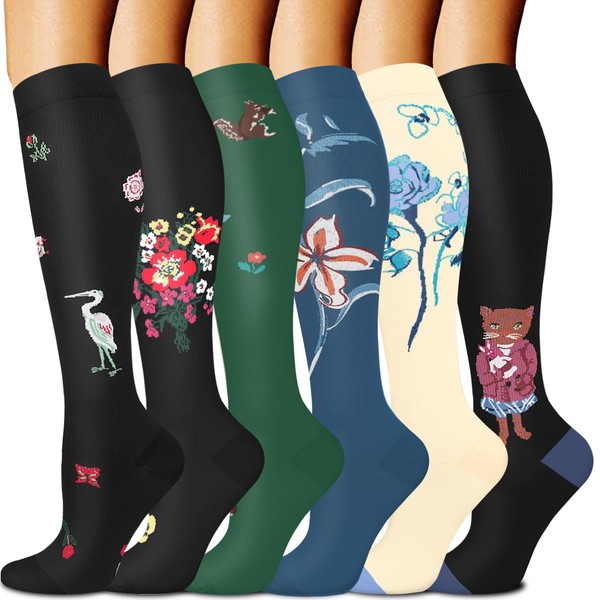 FuelMeFoot - 6 pares de calcetines de compresión para mujeres y hombres, de 15 a 20 mmHg, calcetines altos para enfermeras, atléticos, médicos