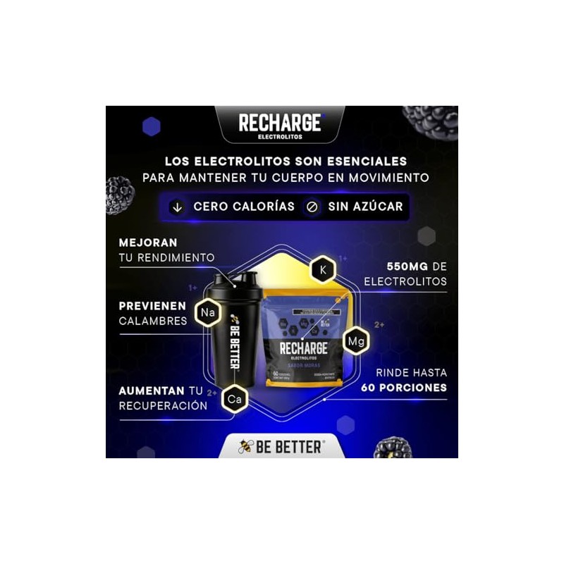 Be Better RECHARGE, Electrolitos En Polvo 60 Porciones, Sabor Moras,
