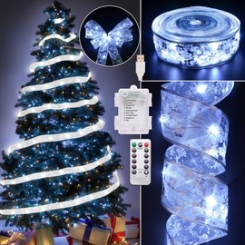 Christmas Decorations - 2.5Inch x 66Ft 200 Led Christmas Tree Ribbon Lights with 8 Lighting Modes, Battery Operated & USB Powered Fairy String Lights with Timer for Xmas Tree Decor