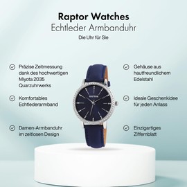 Raptor Brilliance RA10176 Women's Watch Genuine Leather Bracelet Rhinestone Glitter Elegant Analogue Quartz, blue, Strap.