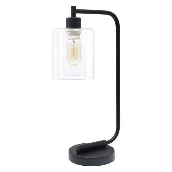 Simple Designs LD1036-BLK Bronson Antique Style Industrial Iron Lantern Desk Bedside Glass Shade Table Lamp, Black