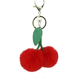 Red Cute Cherry Faux Fur Pom Pom Soft Fluffy Golden Ball Key Chain Cherry Keychain Car Keying Bag Wallet Pendant Ornament Accessories Interior Accessories