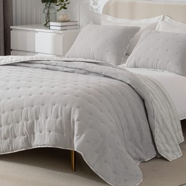 SHALALA Cotton Gauze Quilt Sets, Light Gray Lightweight Queen Size Quilt Bedding Sets, Reversible Seersucker Quilts for Queen Bed, 3pcs Ultro-Soft Bedspread,Breathable Coverlet for All Season