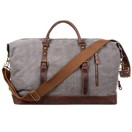 S-ZONE Travel Bag 52-55L Vintage Canvas Crazy Horse Leather Trim Unisex Hand Luggage Weekender Bag Sports Bag for Travel Weekend Holiday, Lightgrey, X-Large