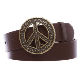 1 1/2" Snap On Belt With Round Perforated Floral Engraving Peace Sign Belt Buckle, Brown | xl- 38"~40"