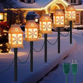 Rossesay 5 PCS Christmas Pathway Markers Lights Waterproof Garden Stake Lights Connectable Christmas Decorations Ground Lights, 7 ft Total, Landscape Path Lights for Outdoor Walkway Patio(Snowflake)