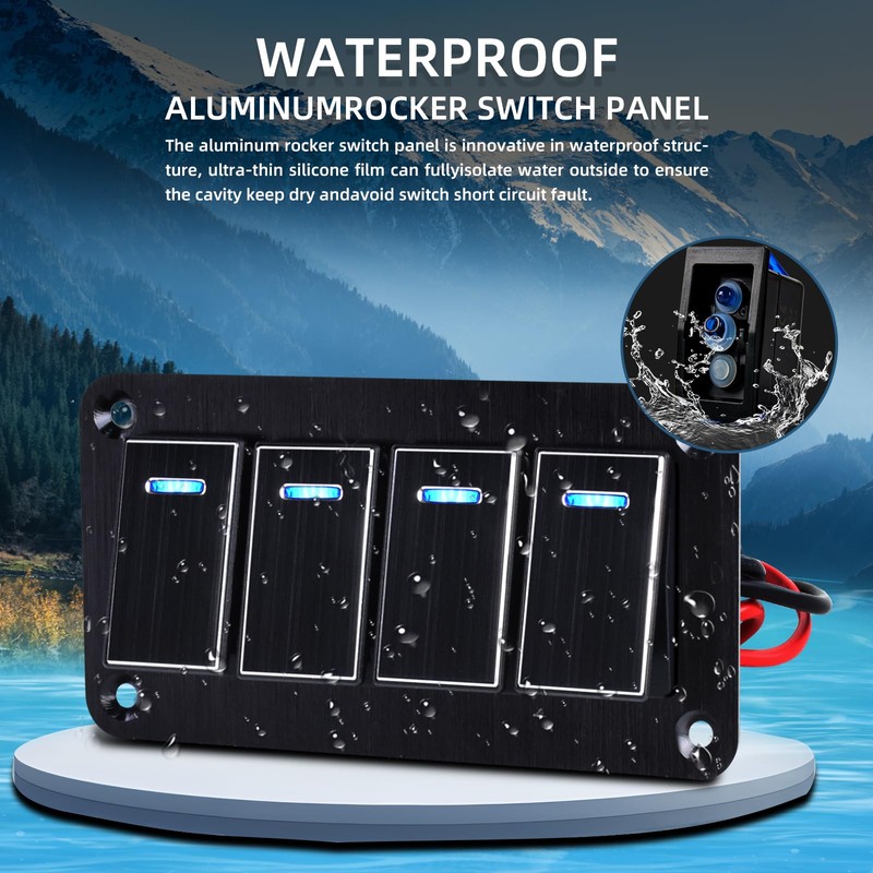 GGTA 4 Gang Rocker Switch Panel Waterproof，12v-24v Aluminum Waterproof Boat