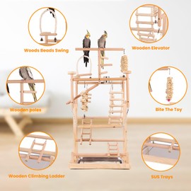Uandhome Bird Playground,4 Tier Parrots Playstand for Small to Medium Birds, Perch Stand with 3 Ladders Playgym with Rope Perch, Swings Feeder Cups Bird Cage Accessories for Conure Cockatiel Lovebirds