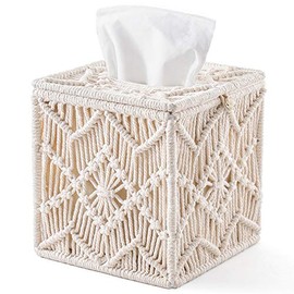 Mkono Tissue Box Cover Boho Decor Square Paper Tissue Holder with Bead Buckle Macrame Napkin Tissues Organizer Home Decor for Bathroom Bedroom Dresser Living Room Office, 5.5" X 5.5" X 6"