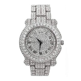 Charles Raymond Bling-ed Out Silver Round Luxury Mens Watch w/Bling-ed Out Cuban Bracelet - L0504B - Cuban (Silver)