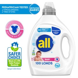 all Baby, Gentle for Baby, Liquid Laundry Detergent, Hypoallergenic for Sensitive Skin, Concentrated, 75oz, 100 Loads