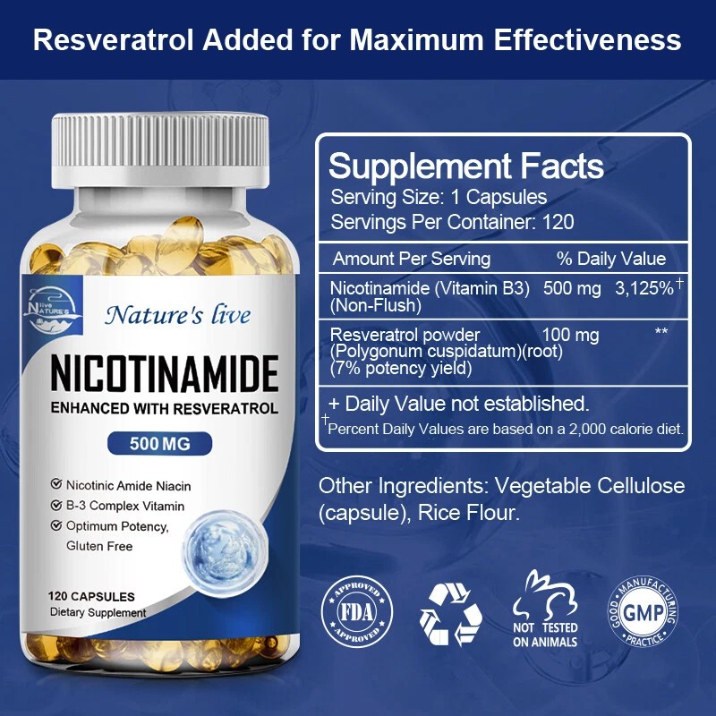 NAD Supplement - Nicotinamide 500mg Resveratrol 100mg - Anti-Aging 120