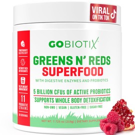 GOBIOTIX Super Greens and Reds Powder - Red and Green Superfood - Probiotic Supplement - Digestive Enzymes and Beet Root Powder - Organic Whole Foods Dietary Supplement (Pom Raspberry, 1 Pack)
