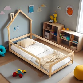 ASKVDL Twin Size Montessori Floor Bed with Fence & House-Shaped Headboard,Twin House Bed Frame with Roof & Guardrails for Girls Boys,No Box Spring Needed, Natural
