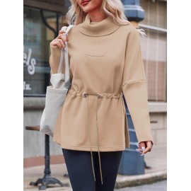 Fisoew Women's Turtleneck Sweatshirts Fleece Drawstring Waist Casual Long Sleeve Pullover Sweater Side Slit Tunic Tops Khaki