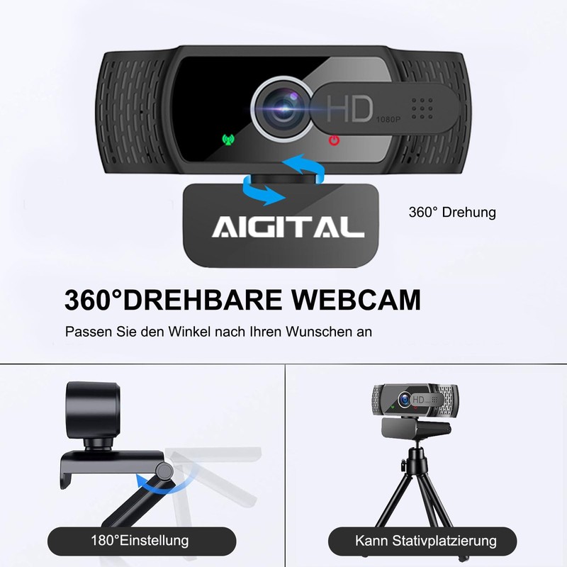 Webcam 1080P with Microphone and Webcam Cover, Tripod, Plug &