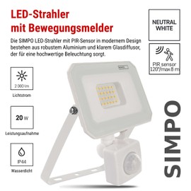 EMOS SIMPO LED Spotlight 20 W with Motion Sensor Super Bright 2000 lm IP44 Waterproof Floodlight for Wet Room or Outdoor Use Neutral White 4000 K Service Life 15000 Pieces 15 cm Connection Cable White