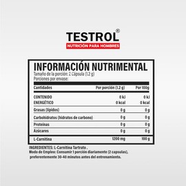 Testrol  L-Carnitina Essential 1200 mg  Apoyo al Rendimiento Fsico y Proteccin Muscular  100 Pura  60 Cpsulas                                         