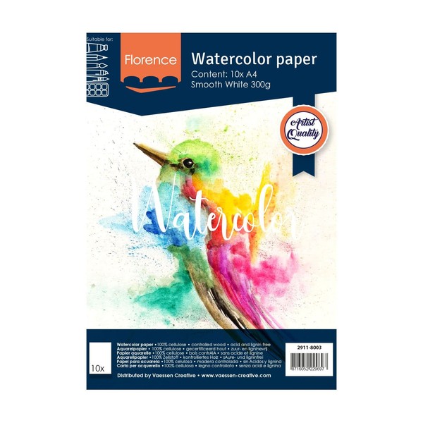 VARTA Vaessen Creative Florence Aquarellpapier A4 in Weiß, aus 300 g/m² Glattem Papier, 10 Blatt für Aquarellmalerei, Handlettering und Brush Lettering, Smooth 300gsm