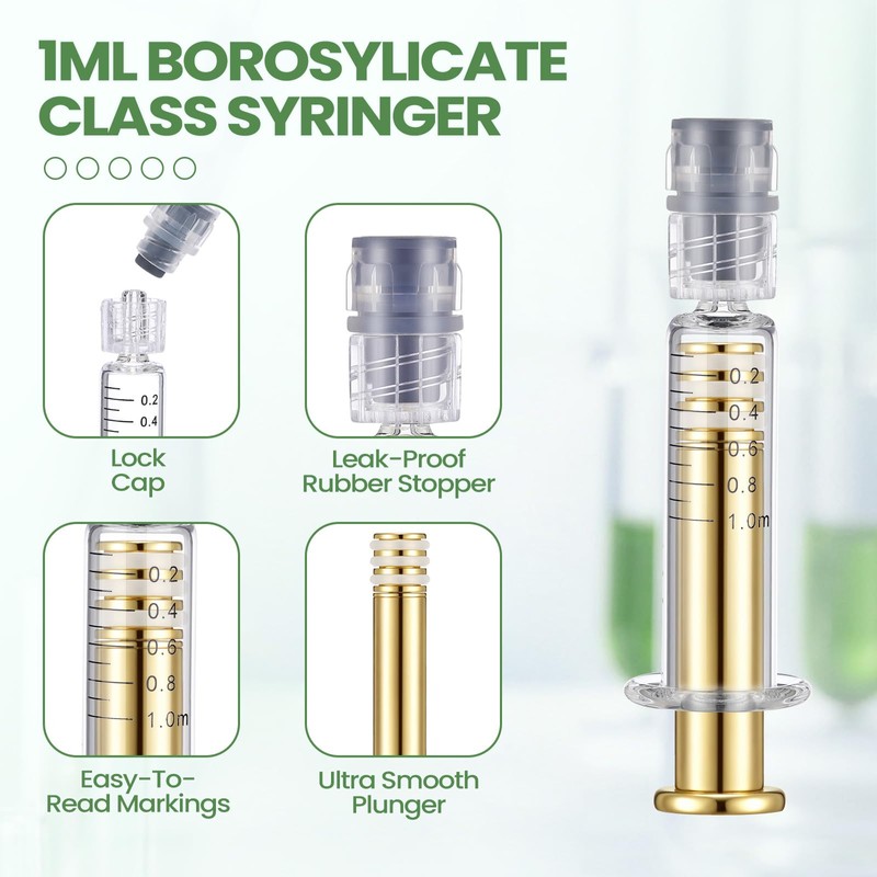 Nuanchu 20 Pcs 1ml Borosilicate Glass Syringes with Gold Metal