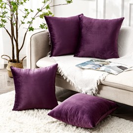 Yonous Cushion Covers, Soft Premium Velvet Decorative Throw Pillow for Sofa Bed Couch Chair, Set of 4, Eggplant Purple, 18x18 inch / 45 x 45 cm
