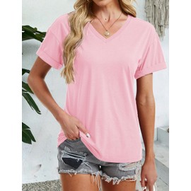YUCOLEN Women's T Shirts UPF 50+ Short Sleeve Shirts Soft Breathable Summer Tops V Neck Cotton Tshirts Light Pink M